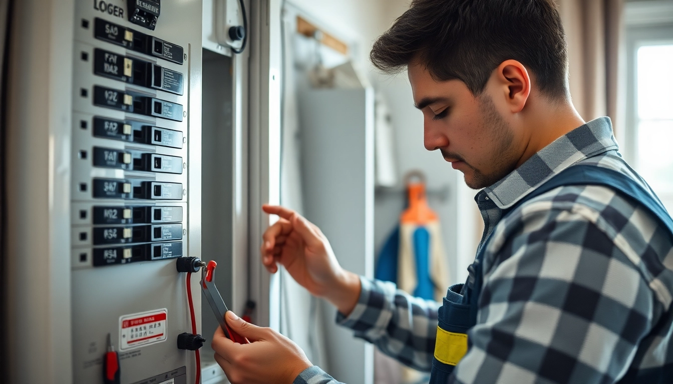 Electrician working on an Electrical Service panel, showcasing professional skills and safety.