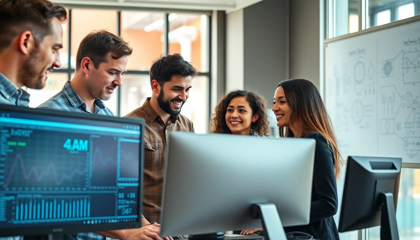 Engaging professionals collaborating on managed IT service solutions in a dynamic office.