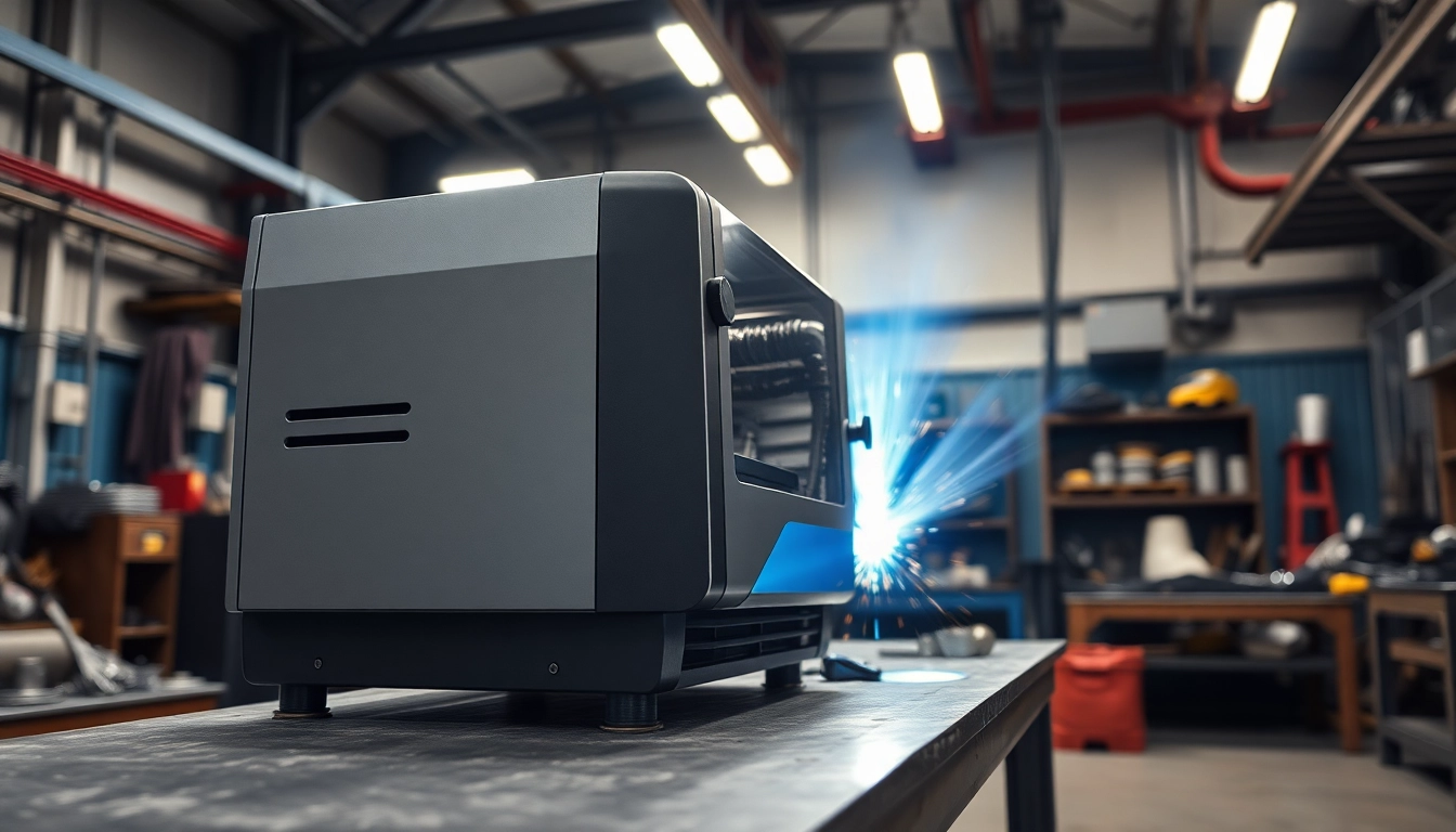 Laser welding machine performing an intricate weld in a bright industrial workshop.