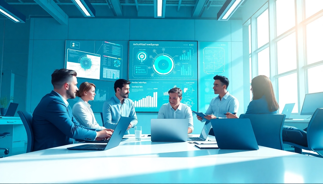 Innovative marketing team strategizing around an AI content marketing platform in a modern office.