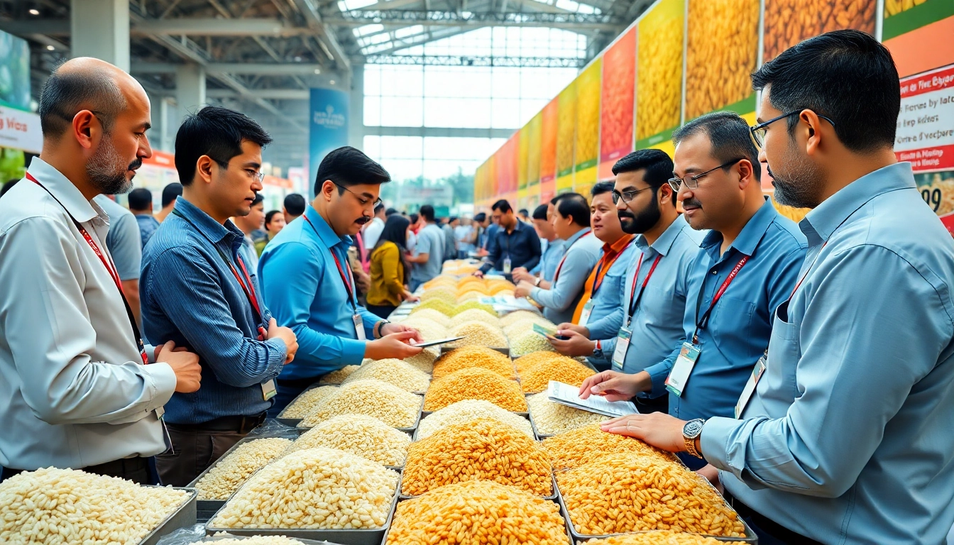 Engaged rice buyers discussing products at a trade show, showcasing various rice varieties.