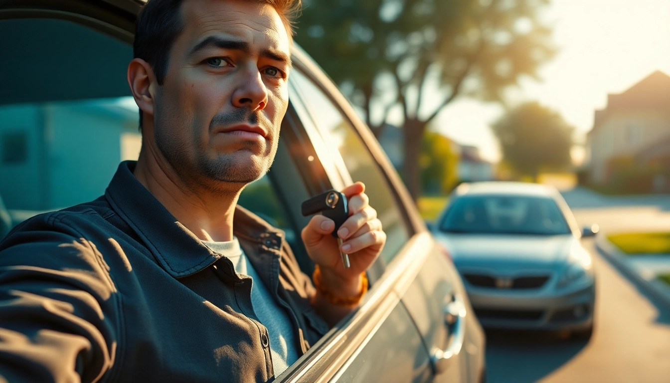 Individual stressed about keys locked in car with visible frustration and determination.