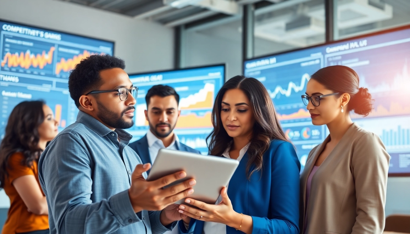 Explore competitive intelligence strategies with a diverse team analyzing market data in a modern office setting.