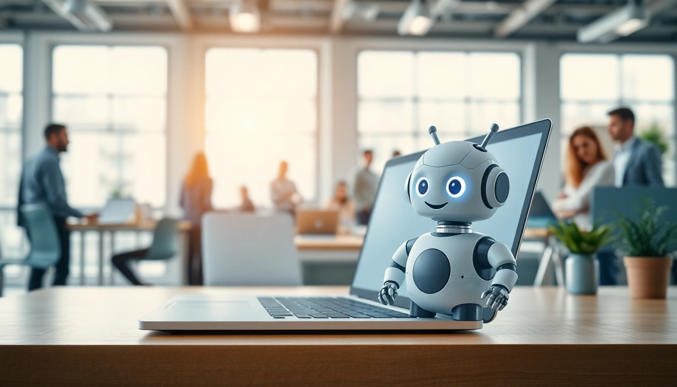 Implement chatgpt bot for website shown in a modern office setup with friendly design.