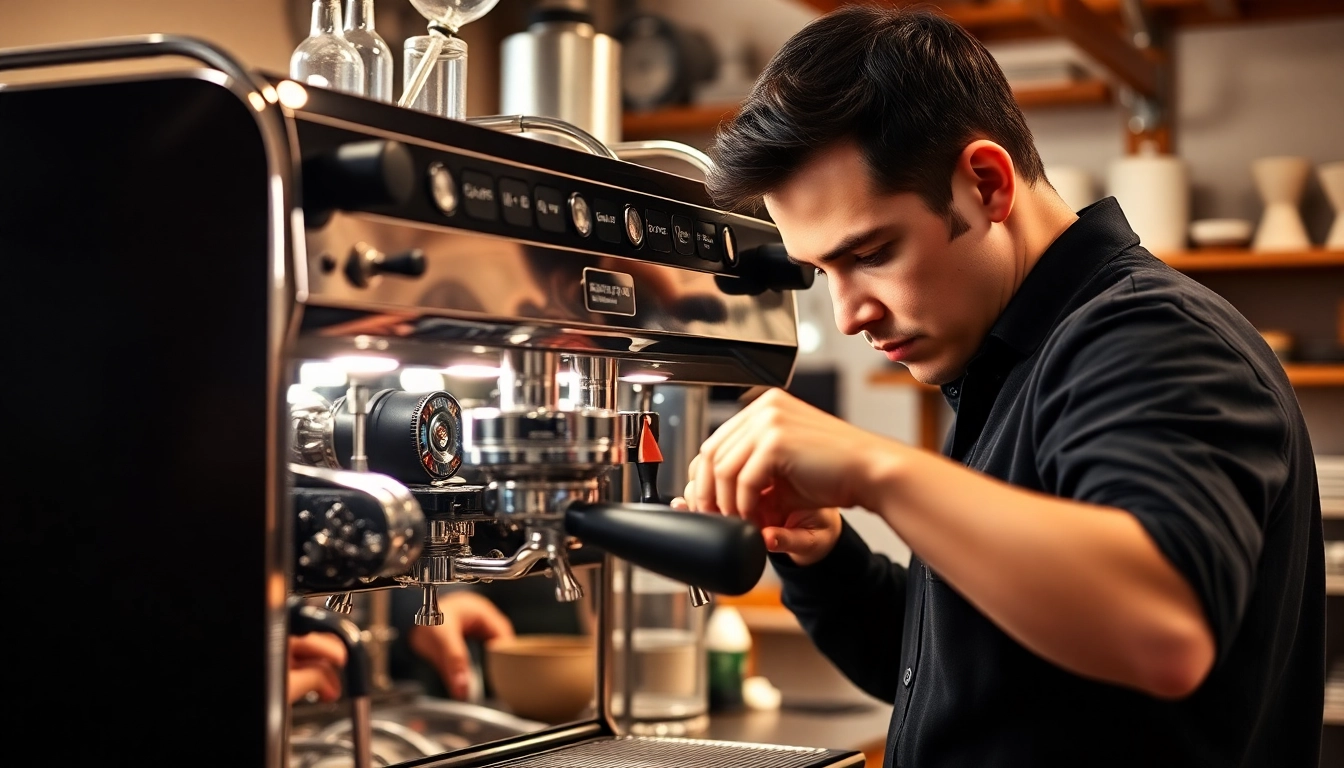 Expert technician performing Cimbali teknik servis on an espresso machine, ensuring peak performance and precision.