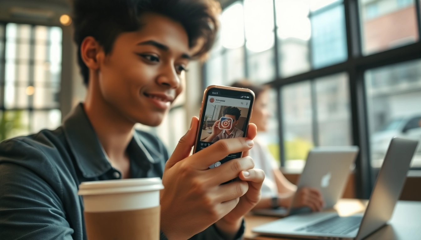 Engaging user as they view Instagram stories on a smartphone in a cozy café setting.