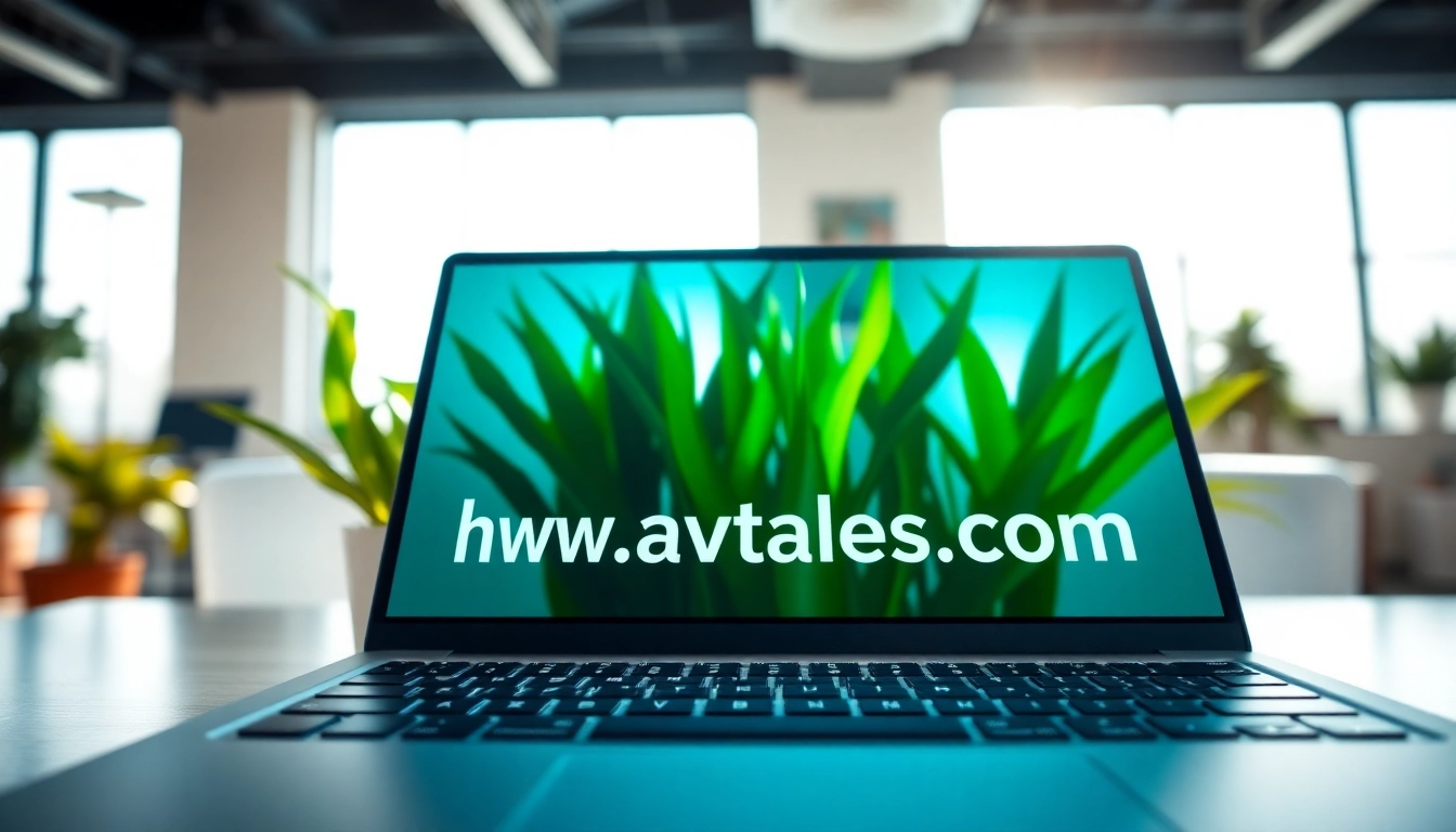 Engaging workspace with http://Avtales.com displayed on a laptop in a modern office.