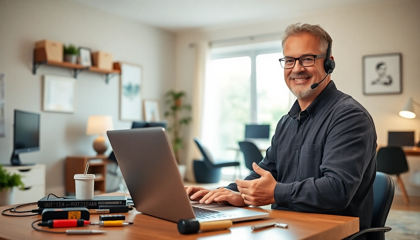 Residential IT support technician providing assistance in a bright home office.