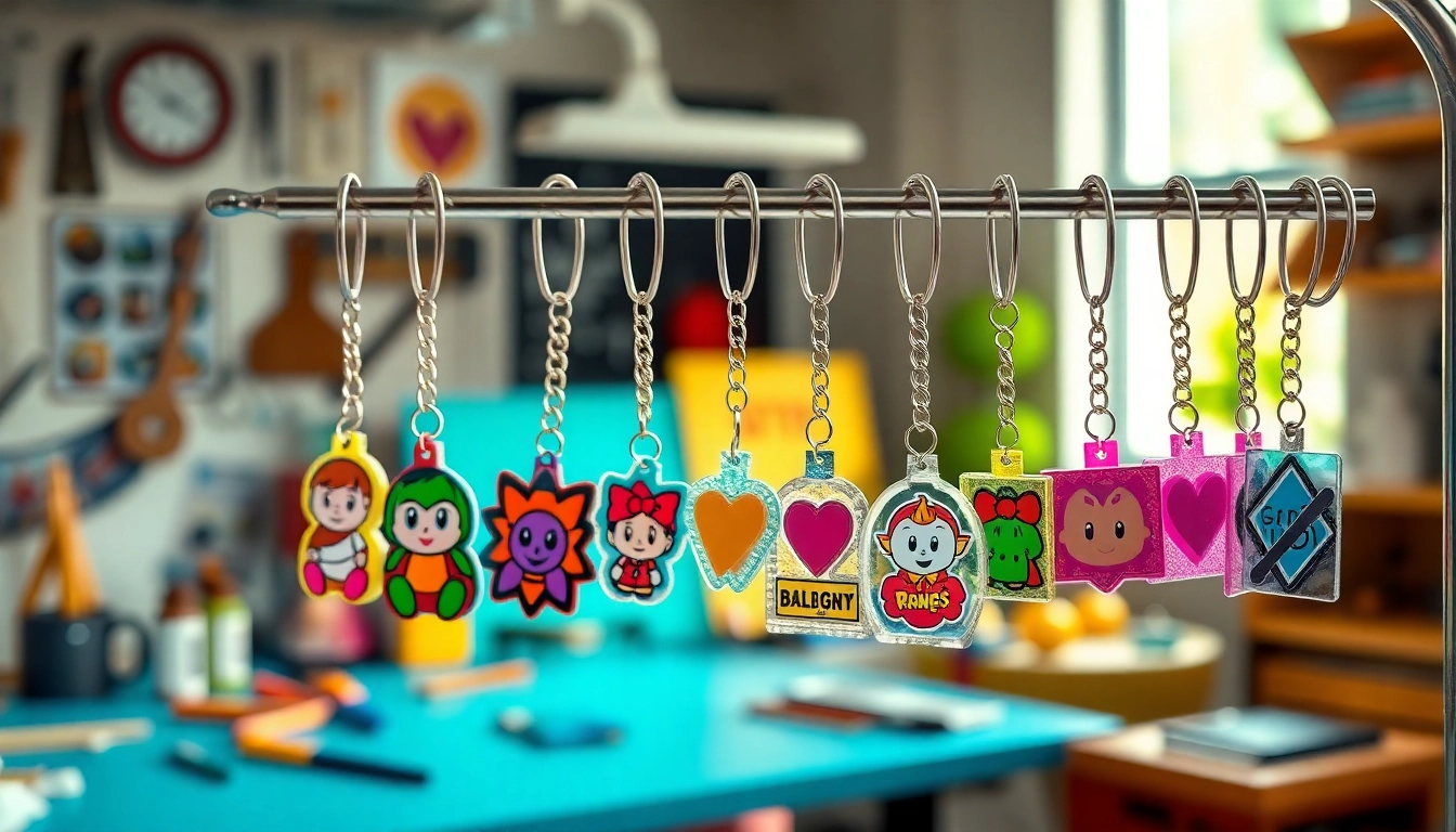 Customized acrylic keychain custom designs displayed creatively on a rack.