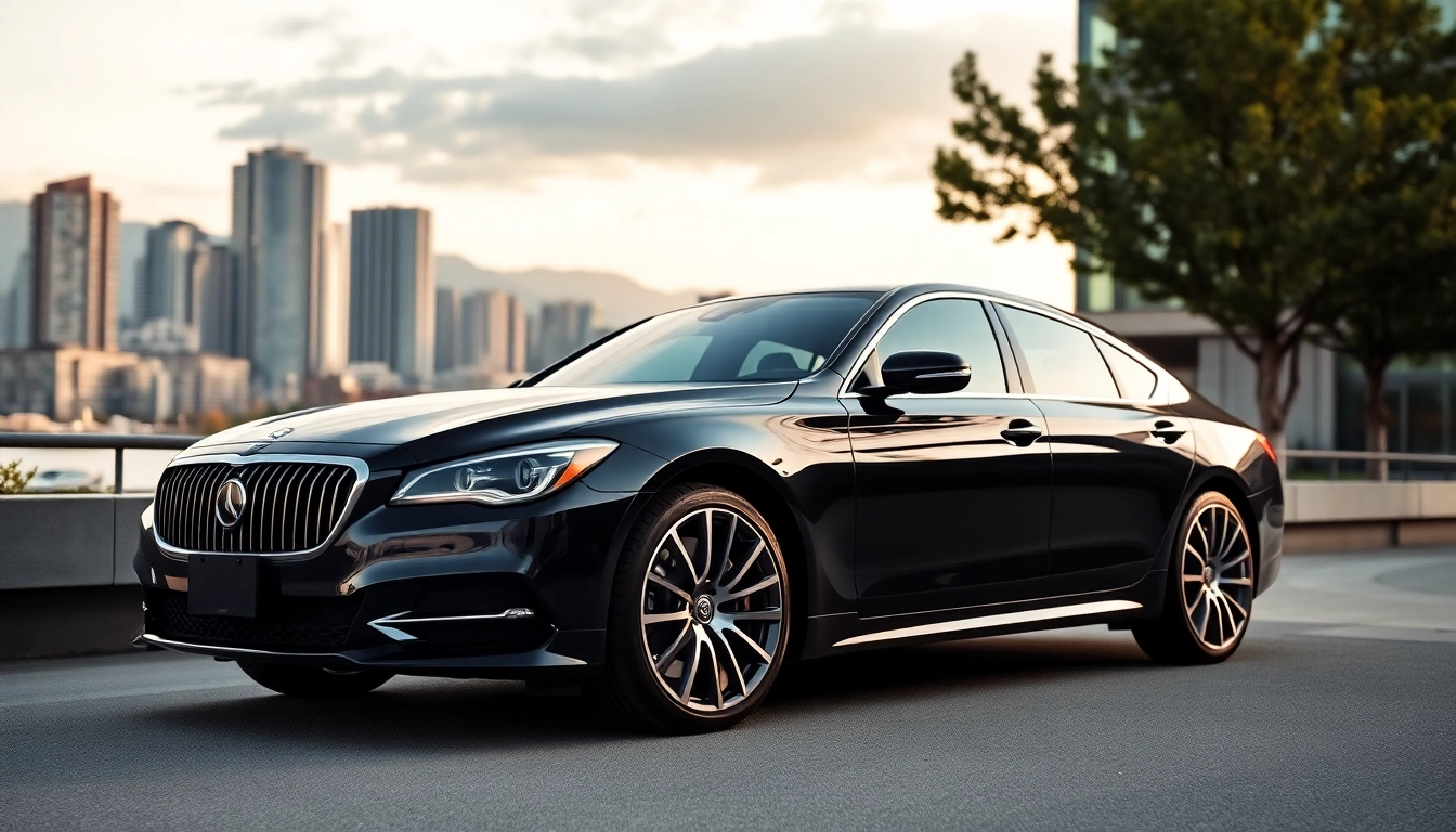Experience luxury car service Vancouver with an elegant black car set against a stunning city backdrop.