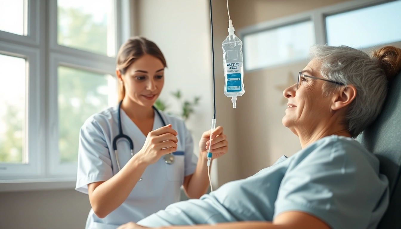 Administering IV Therapy in a calming healthcare environment with a nurse assisting a patient.
