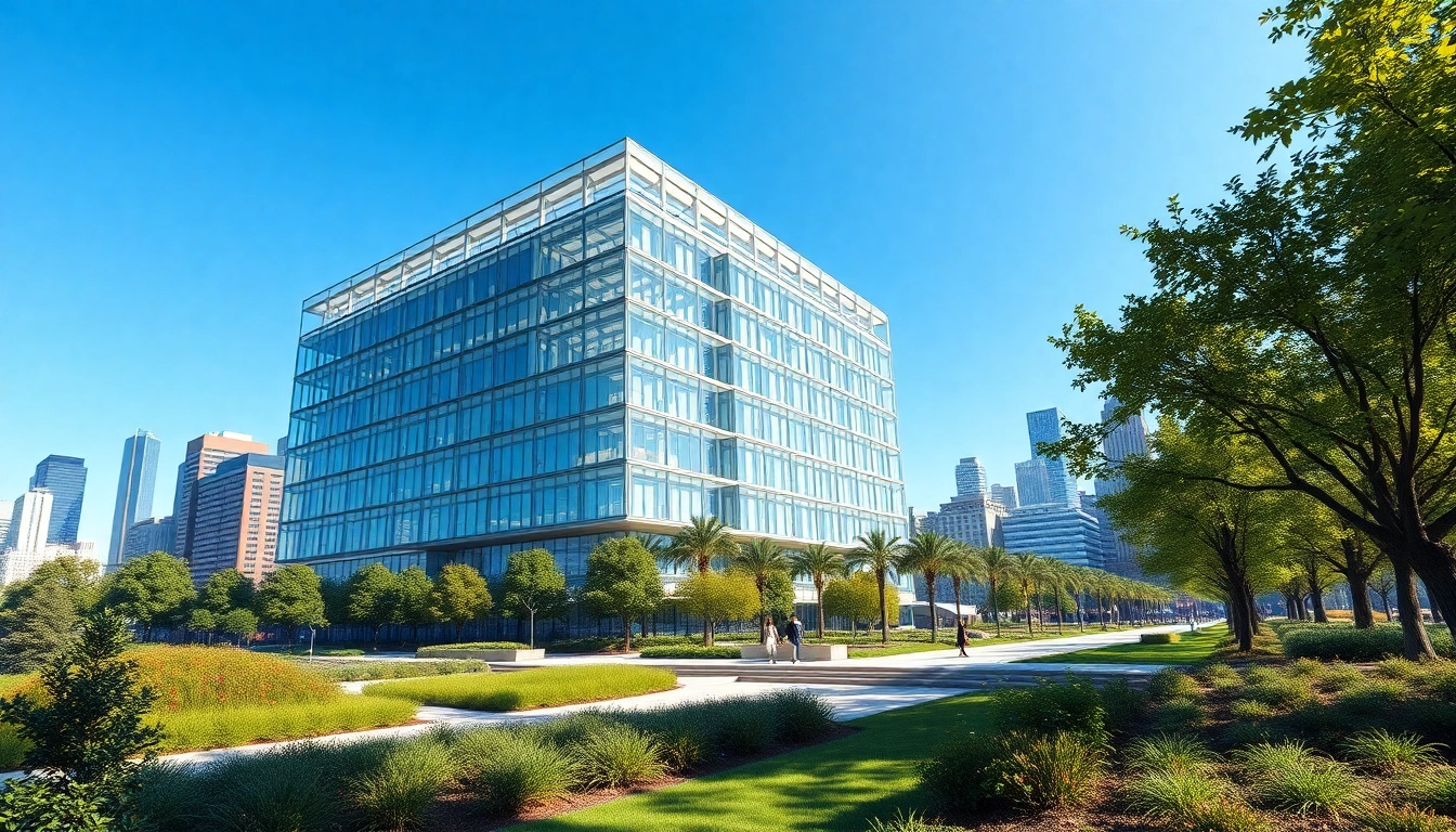 Architekturvisualisierung eines modernen Gebäudes in einer belebten Stadtlandschaft mit grünen Elementen.