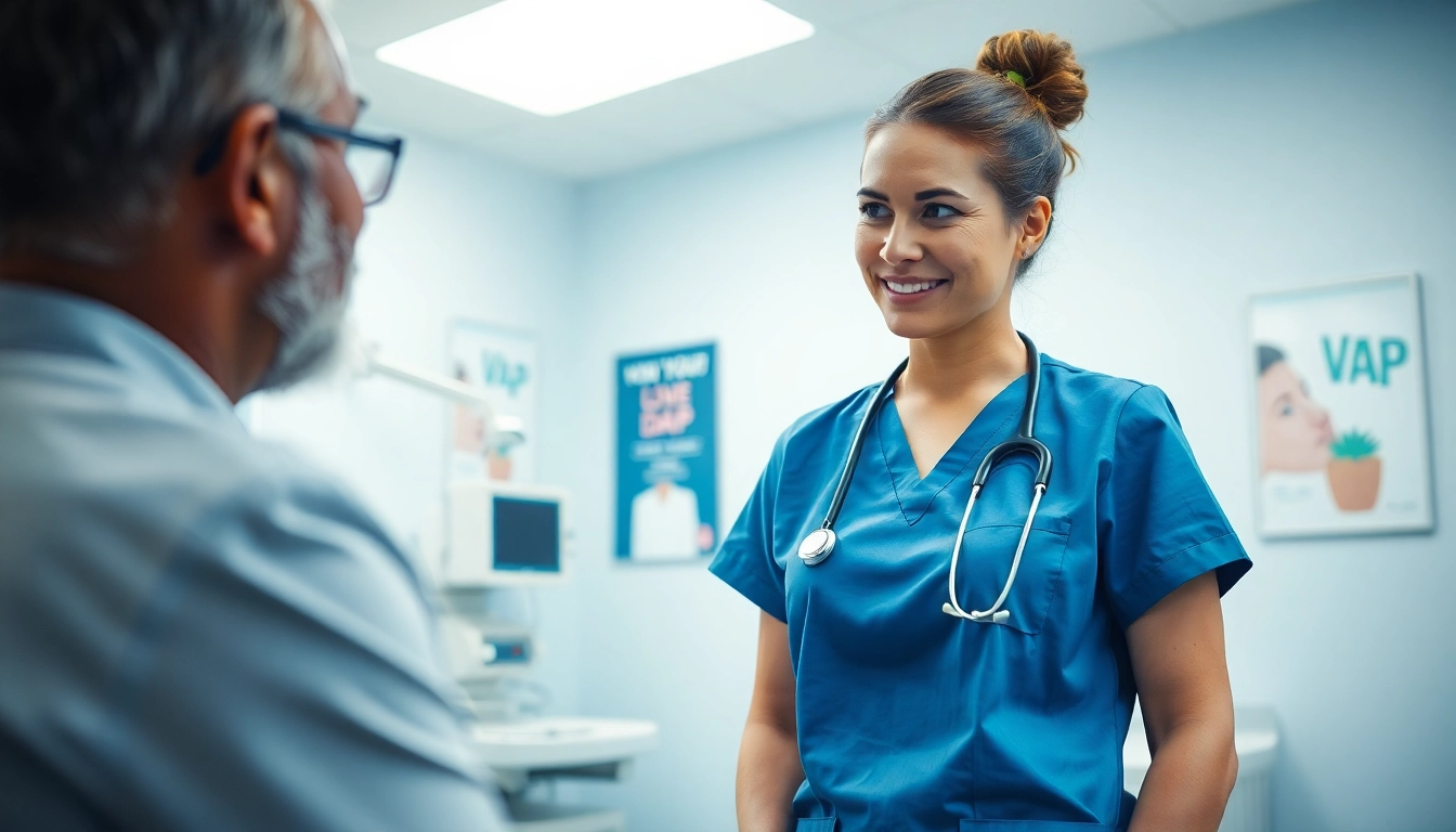 Nurse discussing VDAP with a patient in a calming healthcare environment.