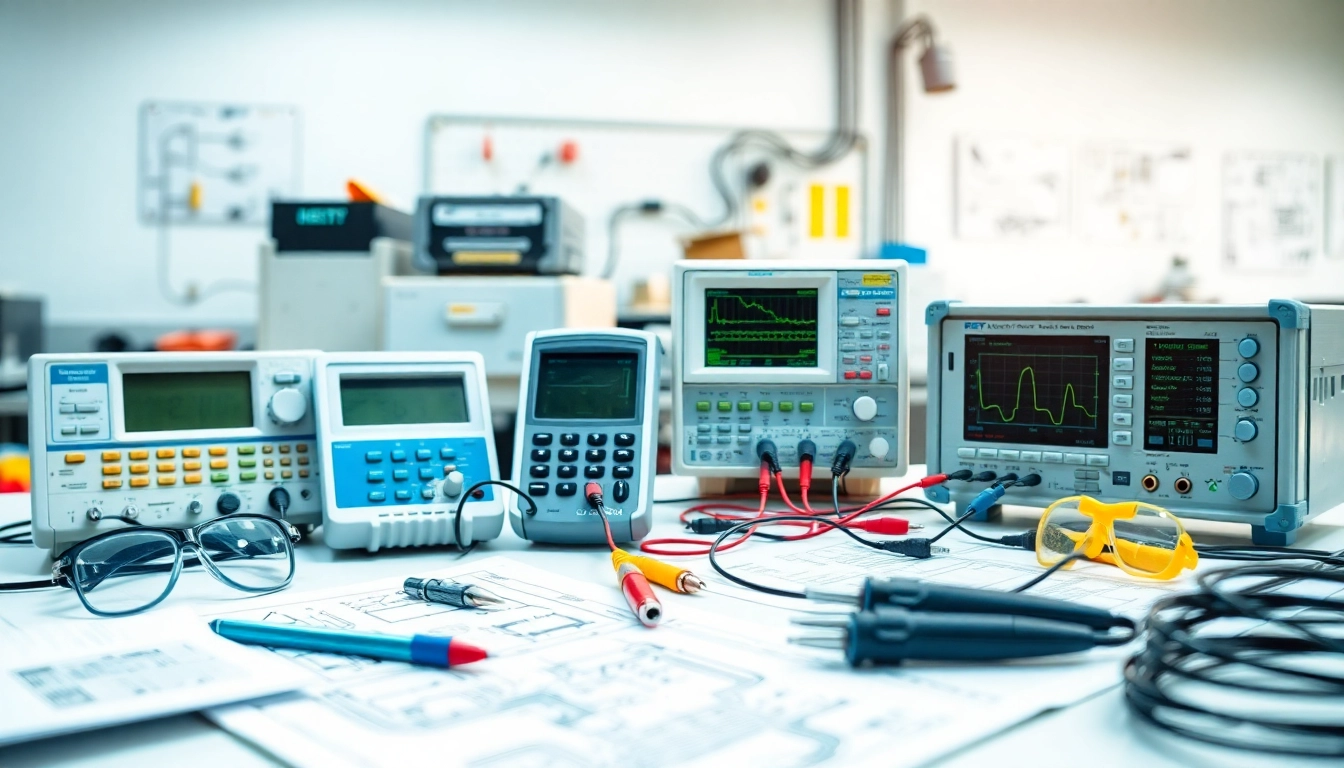 Electrical Testing tools arranged meticulously on a workstation, emphasizing safety and precision.