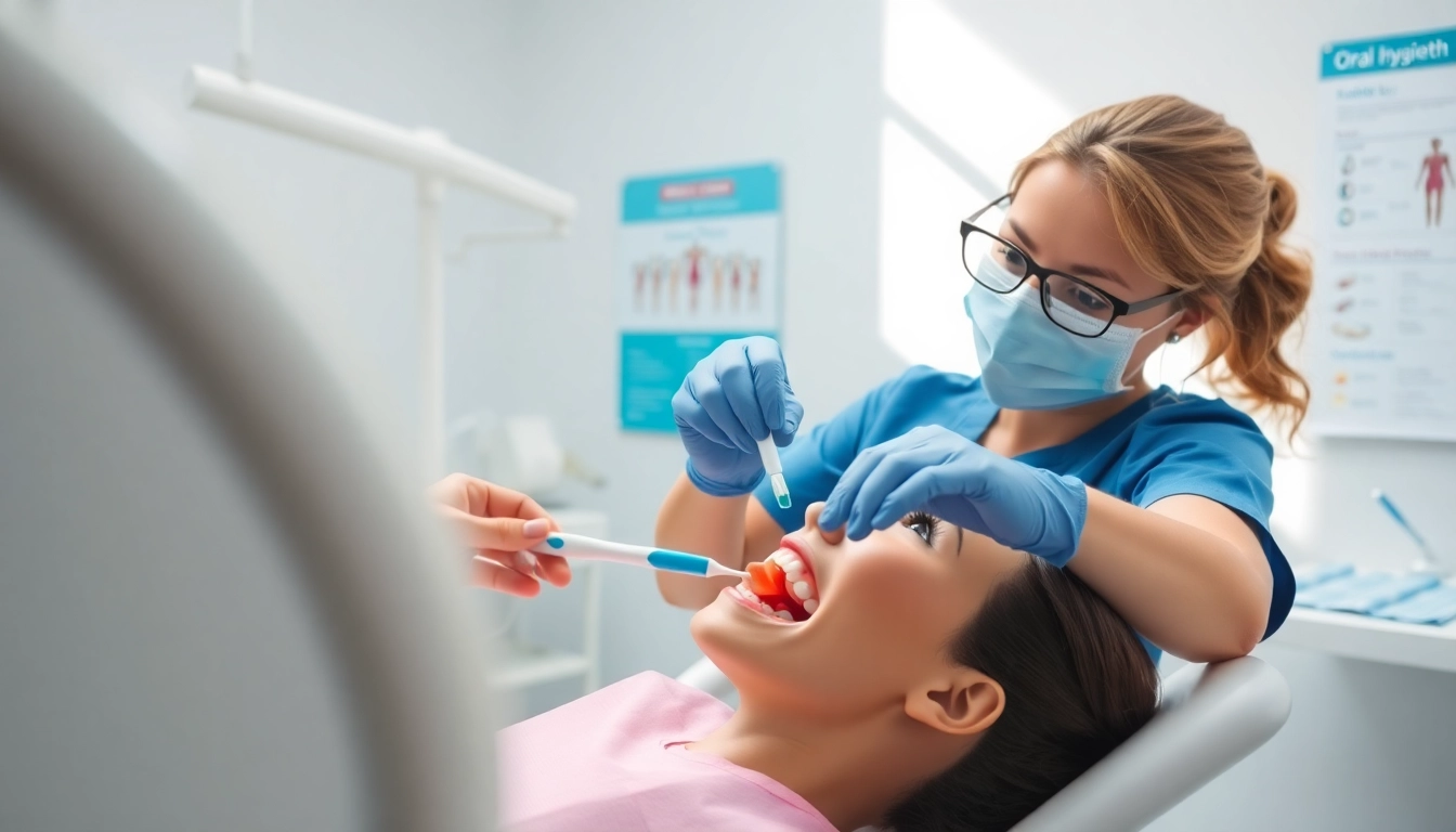 Demonstrating proper hygiene techniques in a professional dental setting.