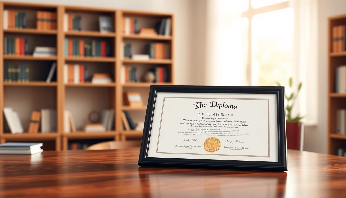 Buy diploma displayed in a professional setting with an elegant frame and background symbolism.