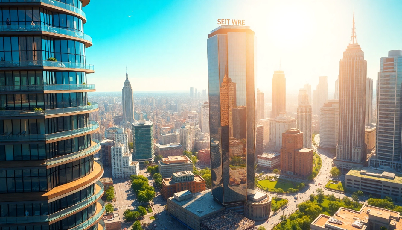 Vibrant sim tower skyscraper amidst a bustling urban cityscape showcasing architectural beauty.