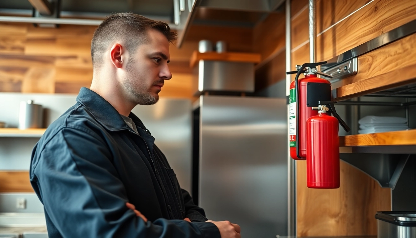 Technician providing fire extinguisher service while inspecting equipment in a commercial kitchen.