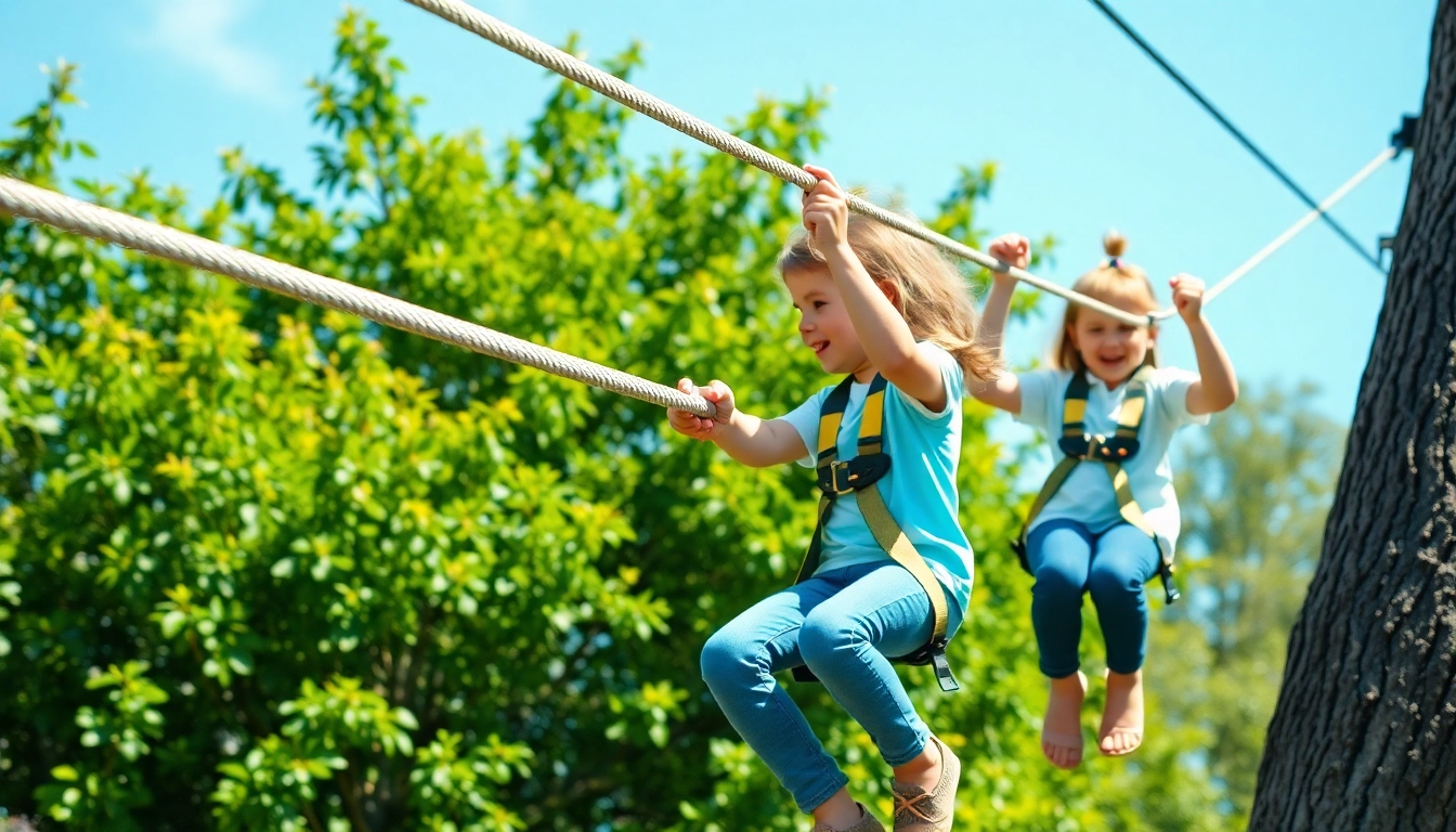 Kids enjoying the GARDEN ZIP WIRE KIT in a bright outdoor setting with vibrant greenery.
