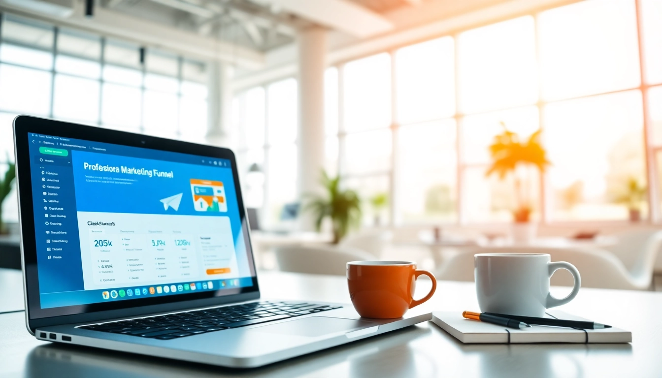 Engage with ClickFunnels on a sleek laptop, set against a bright office backdrop.