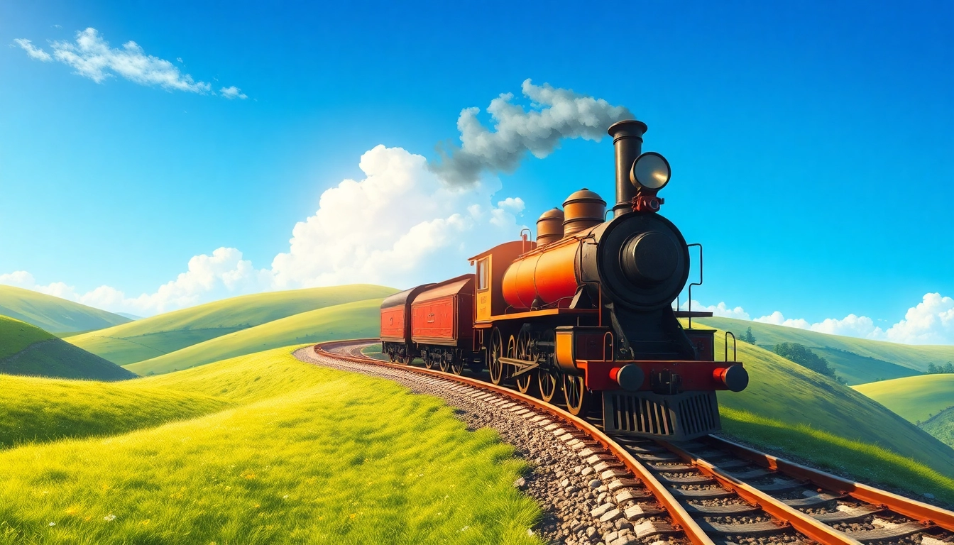 Experience the thrill of railroad tycoon free download with a vintage steam locomotive in a picturesque landscape.