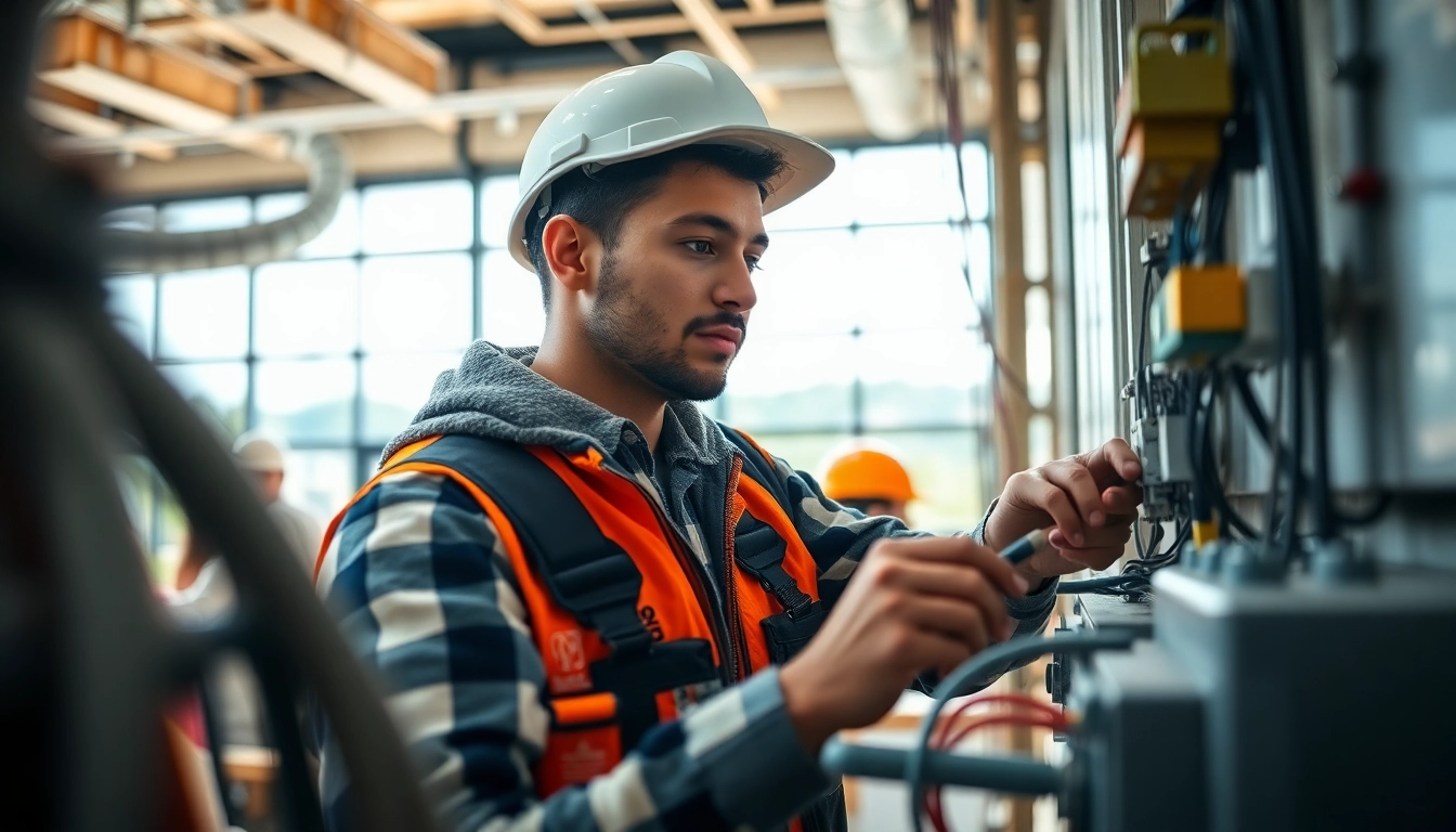 Electrician apprenticeship Hawaii: A focused apprentice working on electrical systems in a bright construction site.