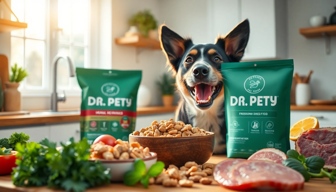 Dr. Marty pet food Canada showcased in a vibrant kitchen with a dog enjoying freeze-dried food.