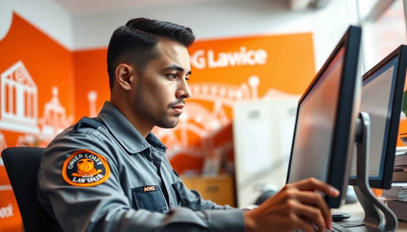 Initiate an orange county inmate search showcasing a law officer analyzing data on a modern computer.