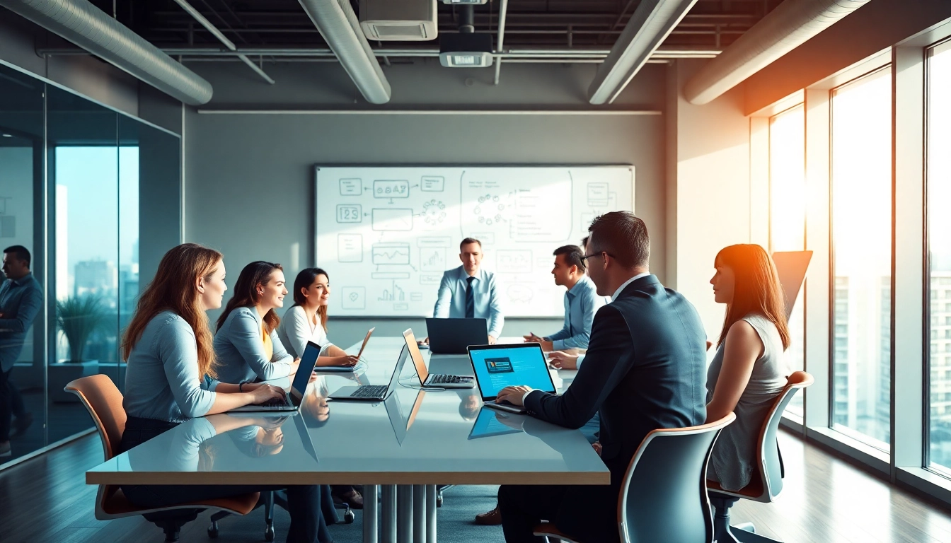 Engaged professionals discussing Backup Services Markham in a modern office environment