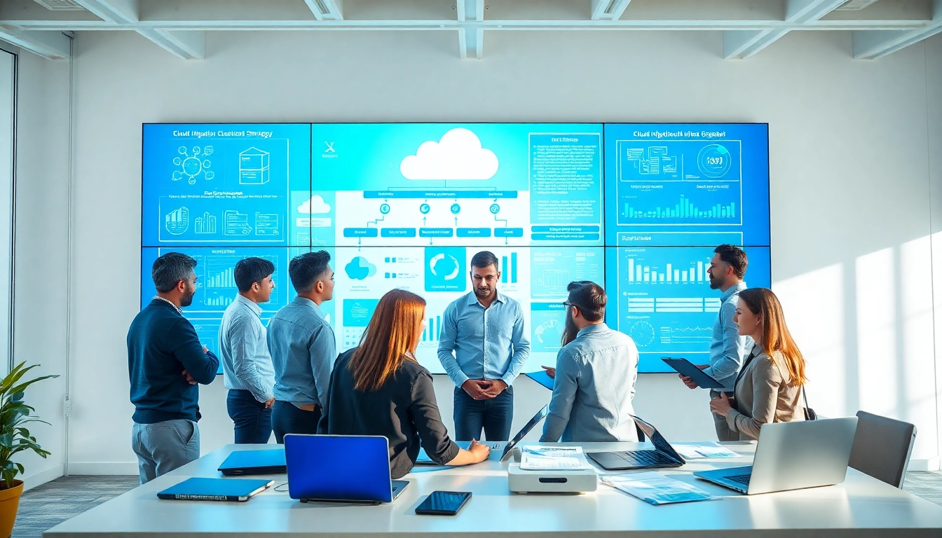 Cloud migratie met IT-professionals die samenwerken aan een digitaal platform.