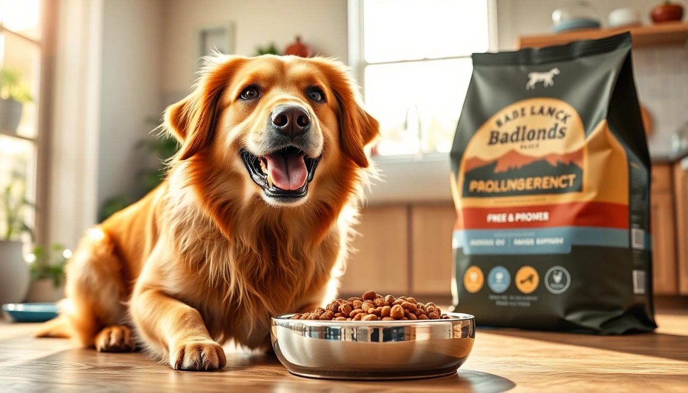 Happy dog enjoying badlands ranch dog food from a modern bowl in a sunny kitchen.