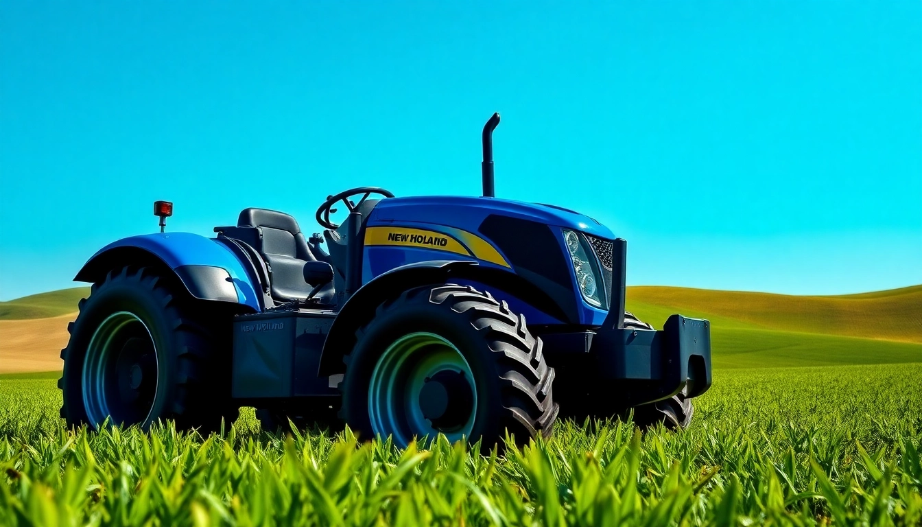 New Holland Traktor im Vordergrund eines blühenden Feldes mit klaren blauen Himmel.