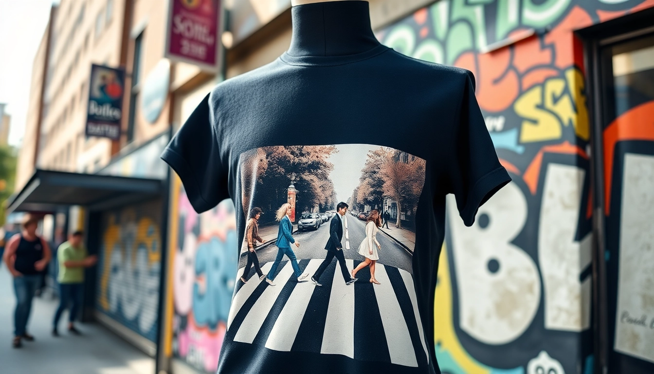 Showcasing a stylish Beatles Abbey Road shirt against an urban backdrop, highlighting its design and culture.