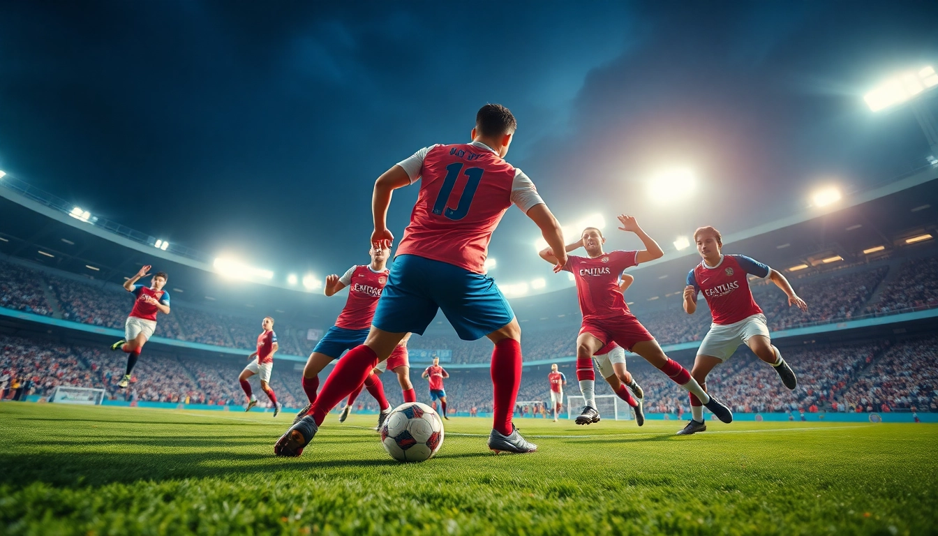 Experience the thrill of judi bola with intense football action in a vibrant stadium setting.
