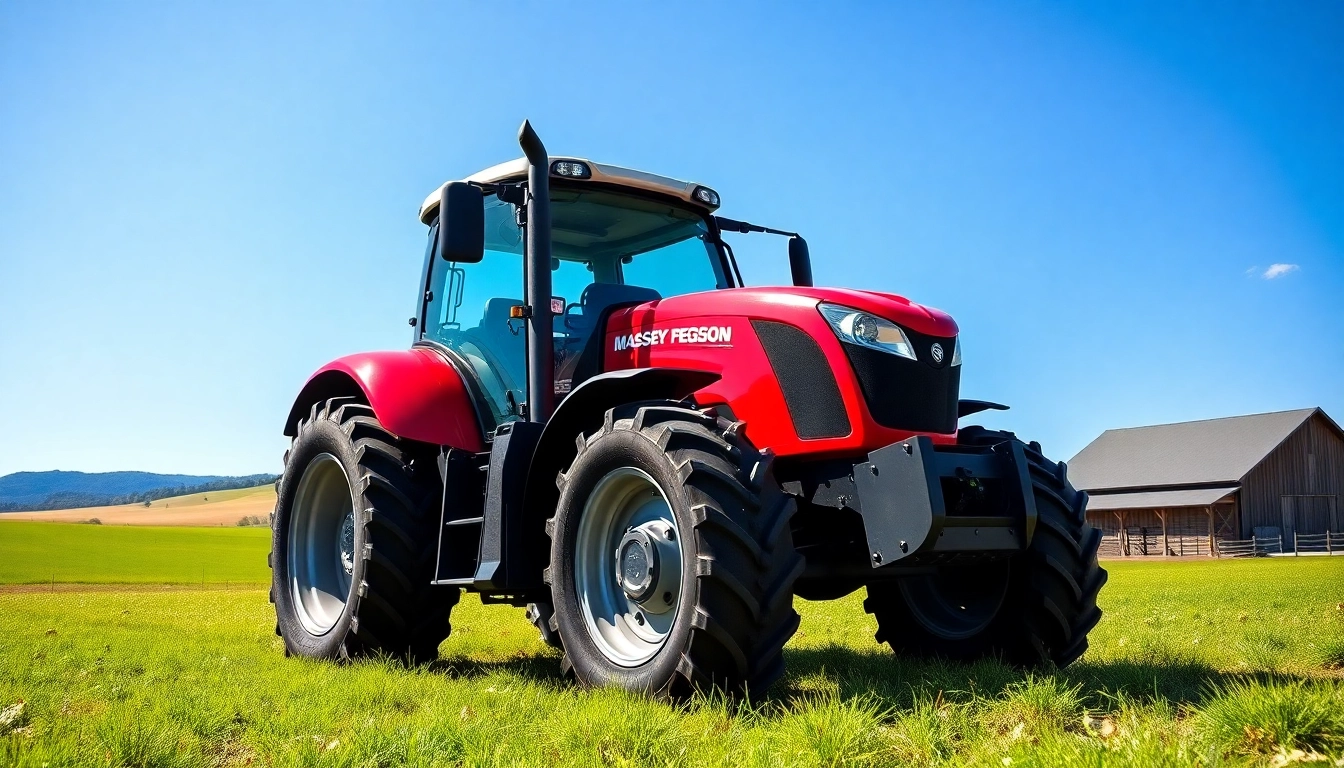 Massey Ferguson Tractor auf einem lebendigen Bauernhof mit rotem Design und robusten Merkmalen.