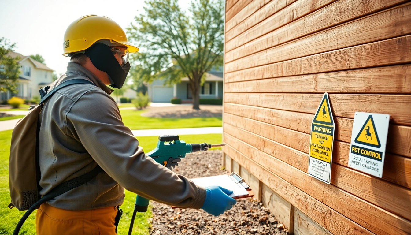 Technician applying termite treatments to a home's wooden foundation for pest control.