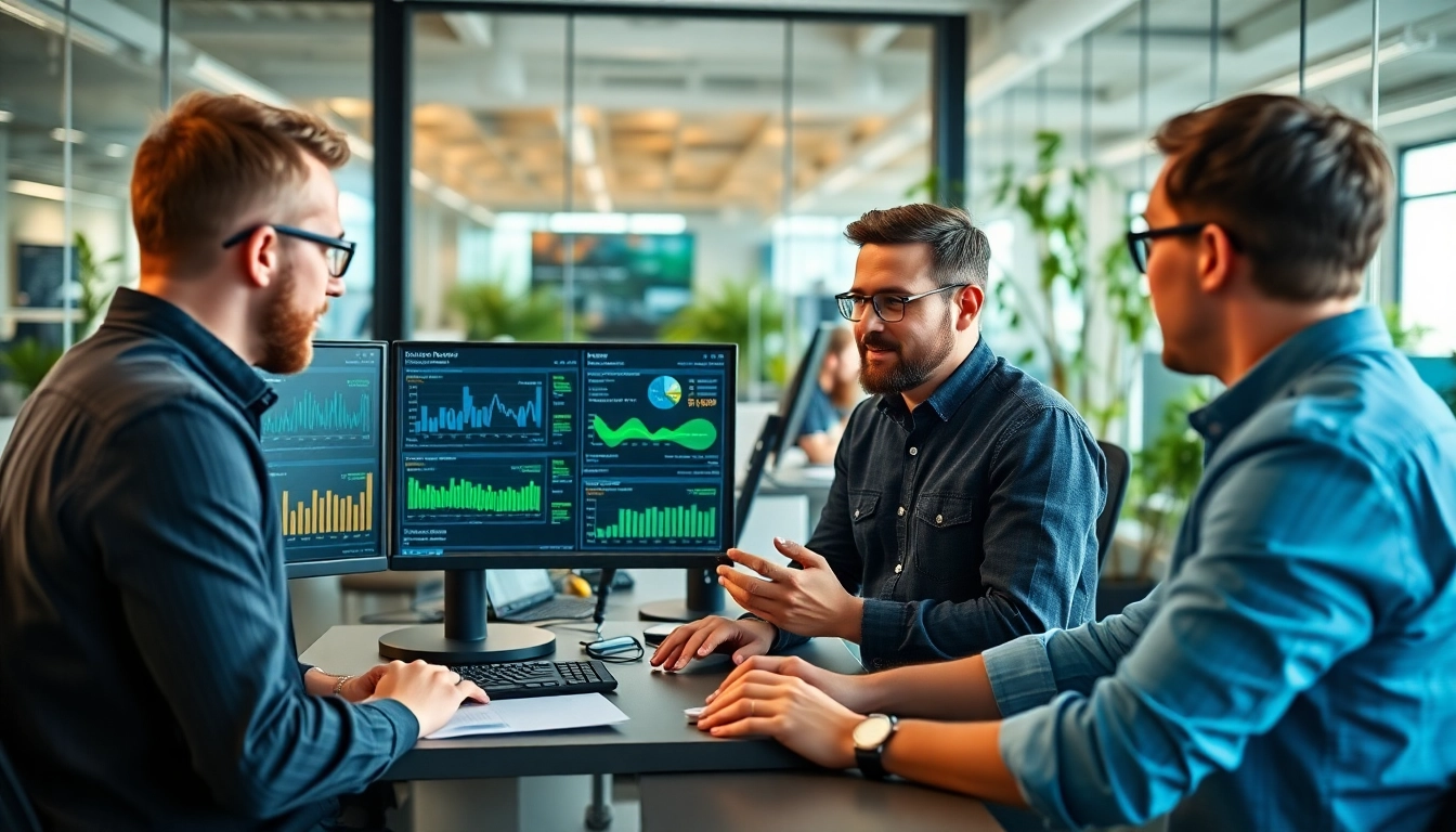 Site reliability engineering experts collaborating in a modern tech workspace with data visualizations.