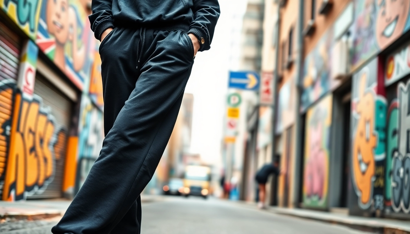 Showcasing black baggy sweatpants in a trendy urban setting.