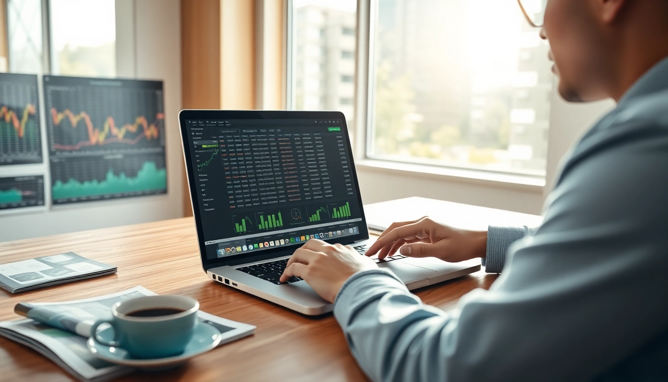 Analyze Forex Signals Telegram on a laptop at a modern office desk with digital charts.