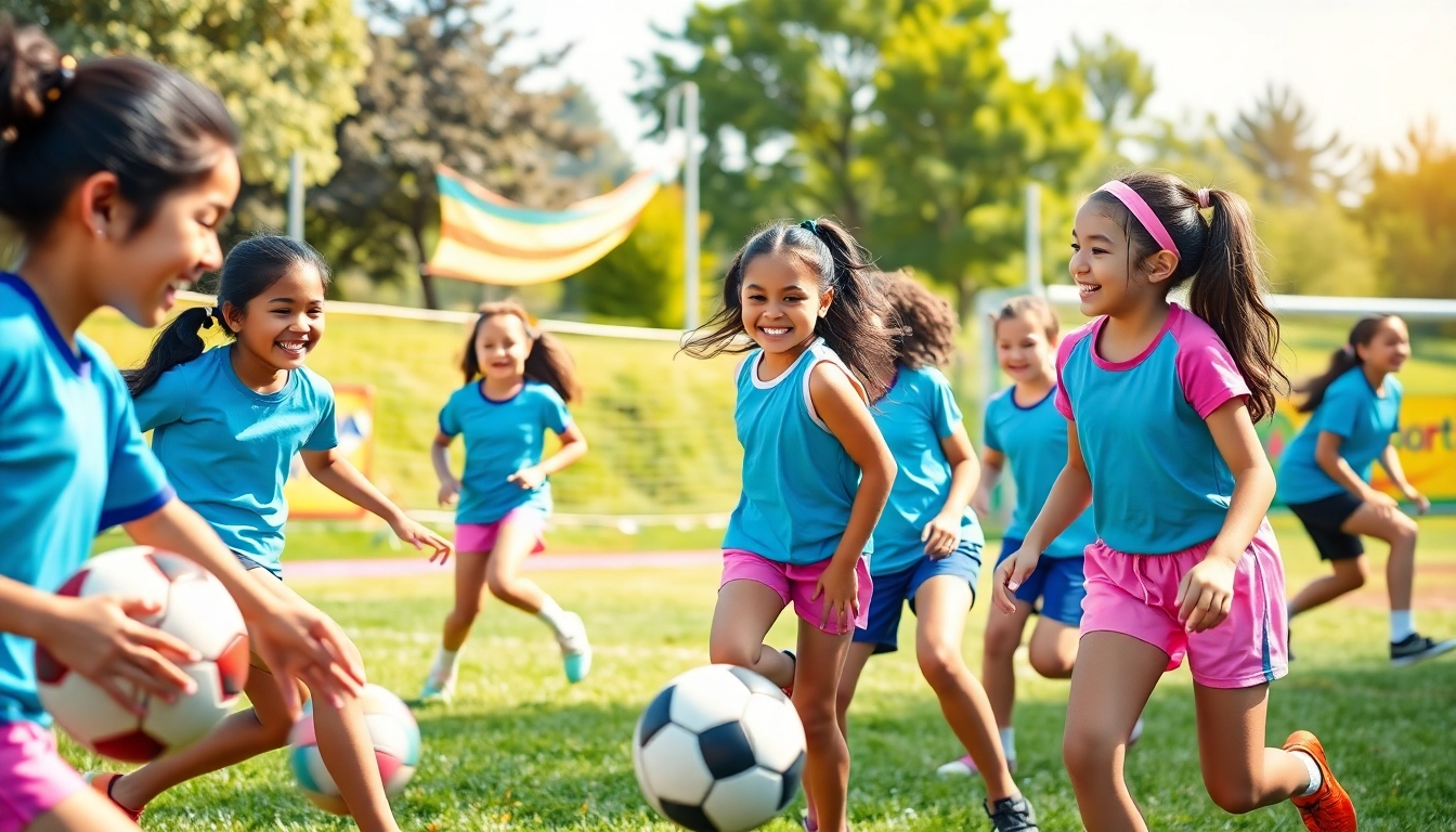 Empowering girls participating in Multi Sports Camps for Girls, enjoying teamwork and diverse sports activities.