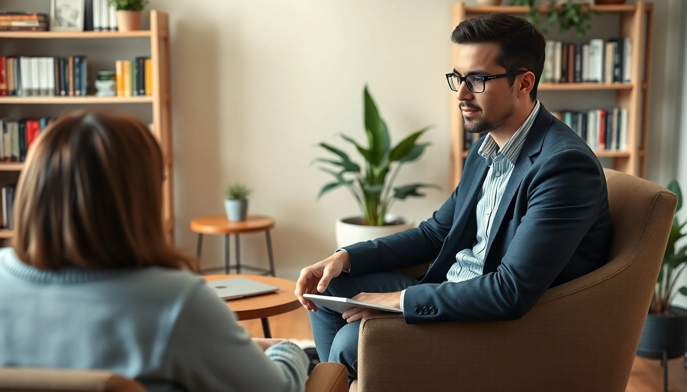 Psychologist attentively engaging with a client in a cozy office setting.