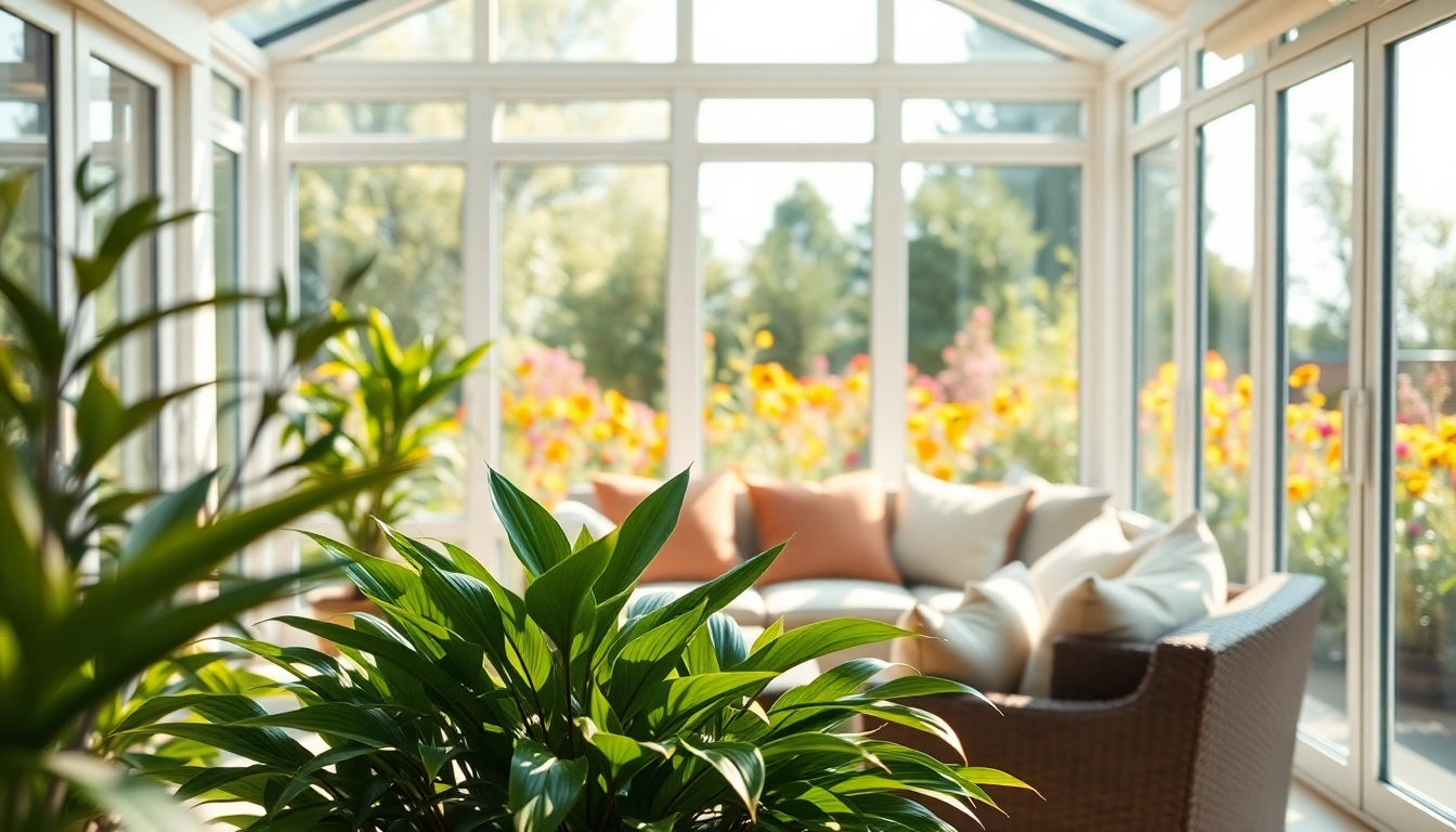 Relaxing ambiance in a four season sunroom with garden views and cozy seating area.