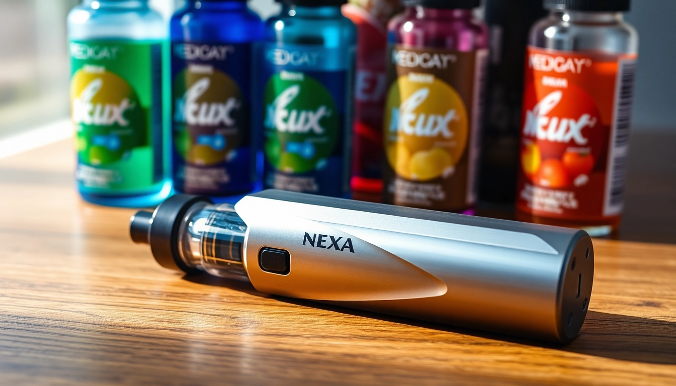NEXA Ultra 50000 Puffs vape device surrounded by colorful e-liquid bottles.