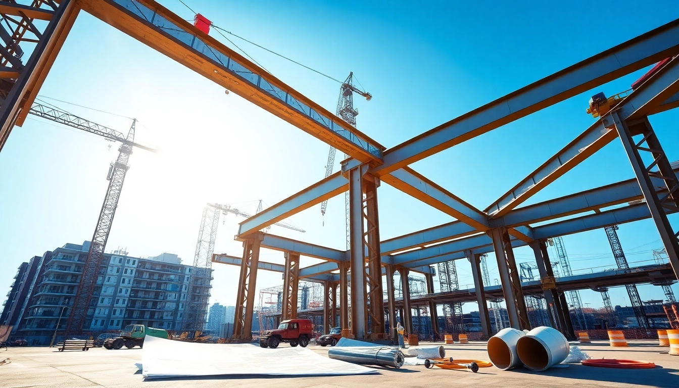 Showcasing steel structure design in an urban construction site highlighting its modern framework.