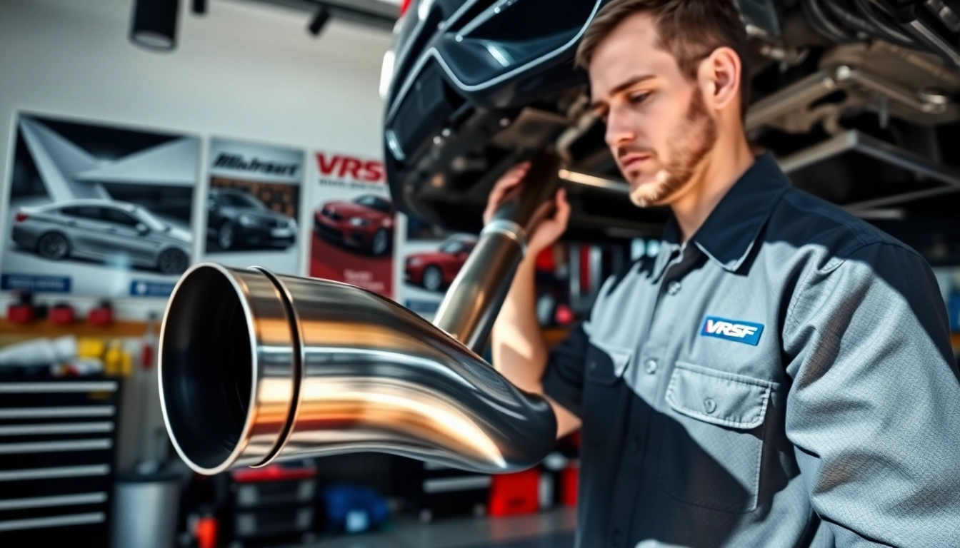Installer working on vrsf single midpipe in a professional automotive garage.