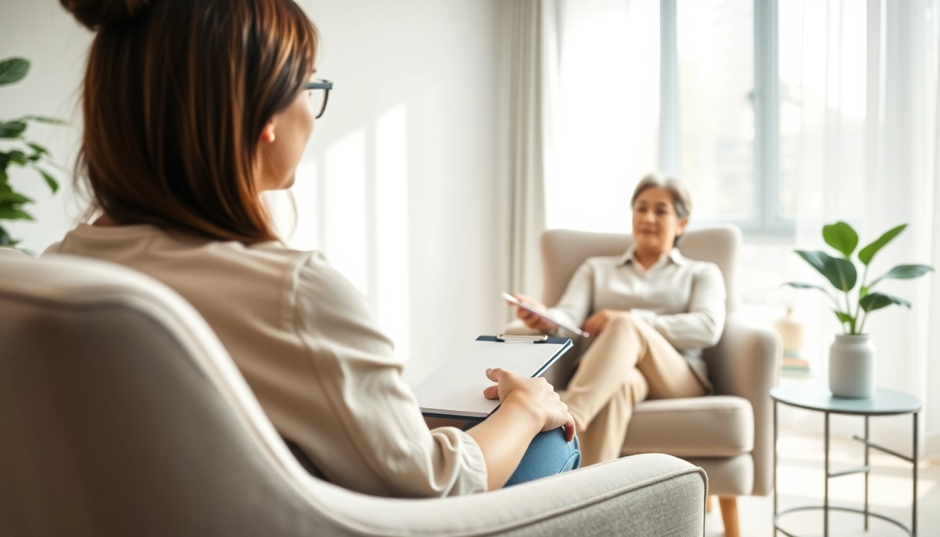 Psychologist conducting a session in a calming office environment with soft lighting.