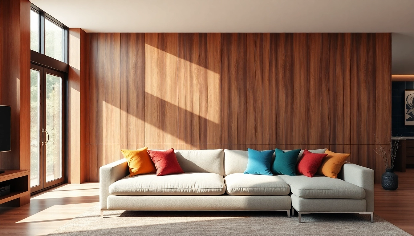 Stylish wood feature wall enhances modern living room atmosphere with elegant slats.