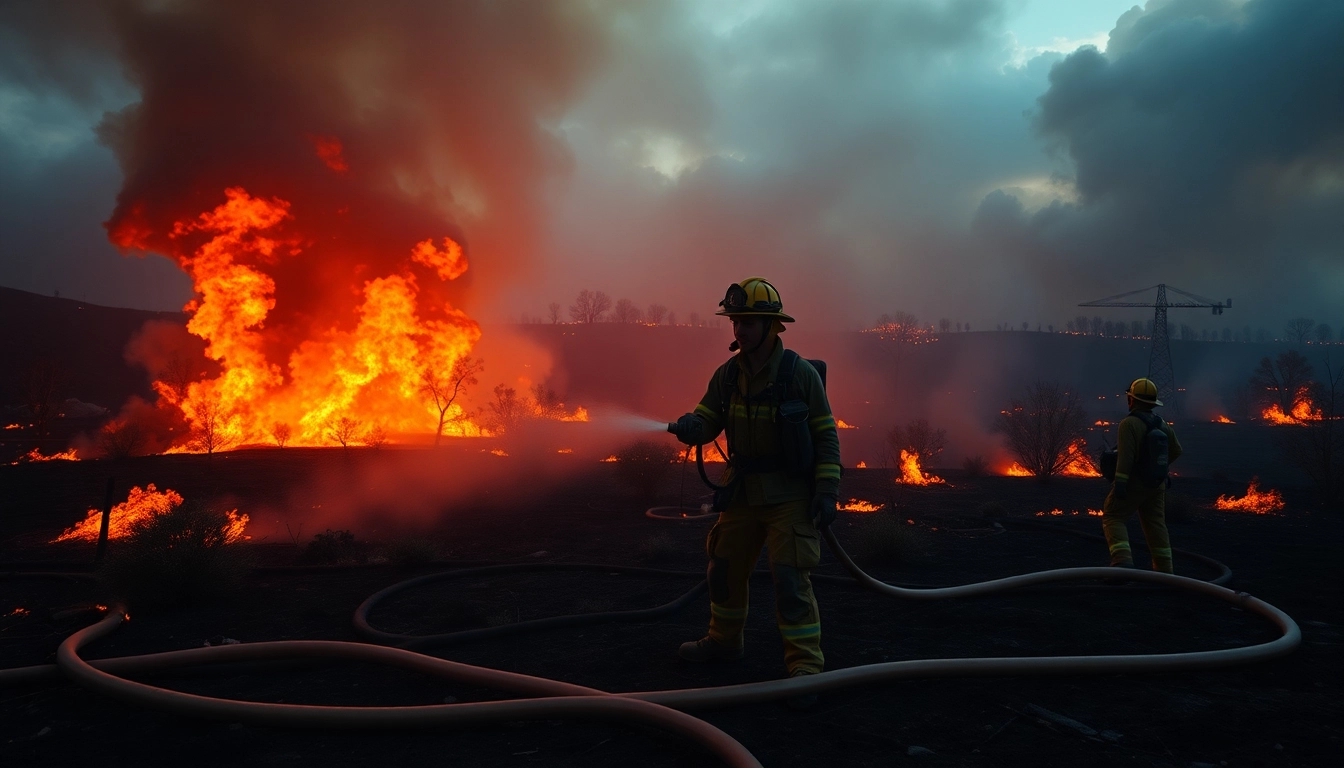 Action scene of firefighters tackling wildfire events, showcasing their bravery and effort against the flames.