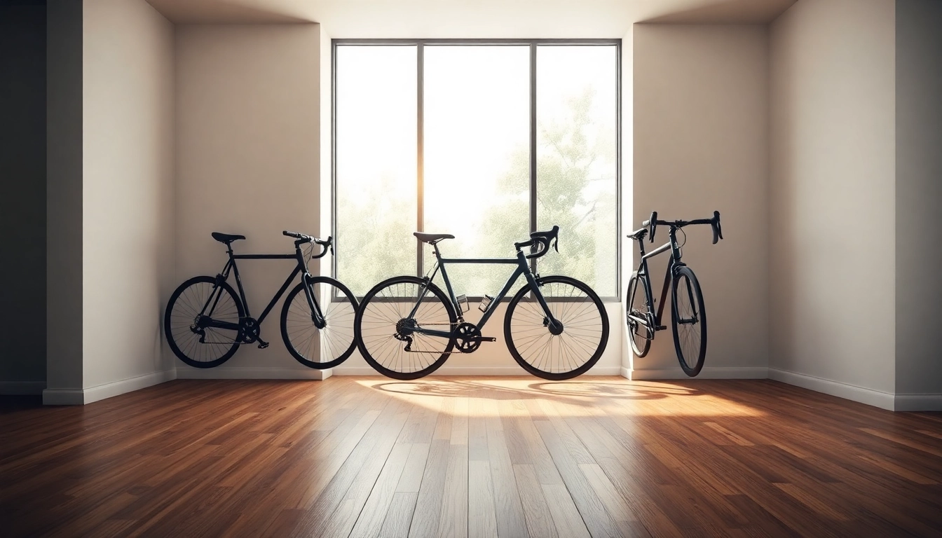 Organized indoor bike storage with a wall-mounted rack holding multiple bicycles.