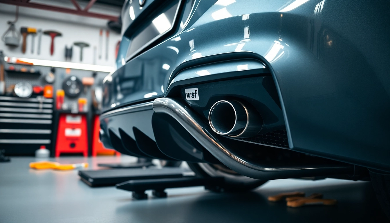 Install vrsf single midpipe in a professional automotive workshop setting.